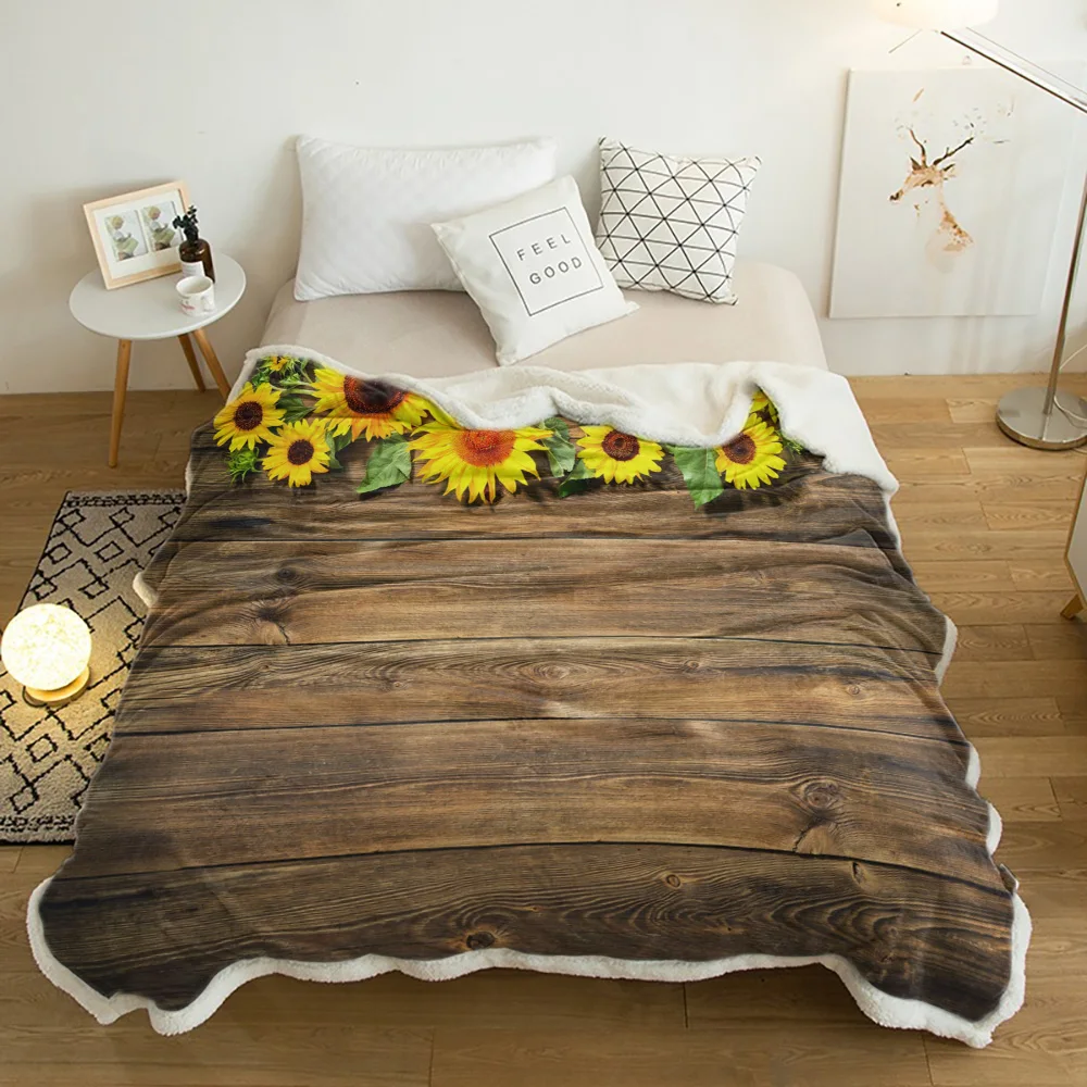 

Sunflower Leaves Retro Wood Board Lamb Cashmere Fleece Blanket Home Bed Sofa Winter Sherpa Bedding Kids Thick Bedspread