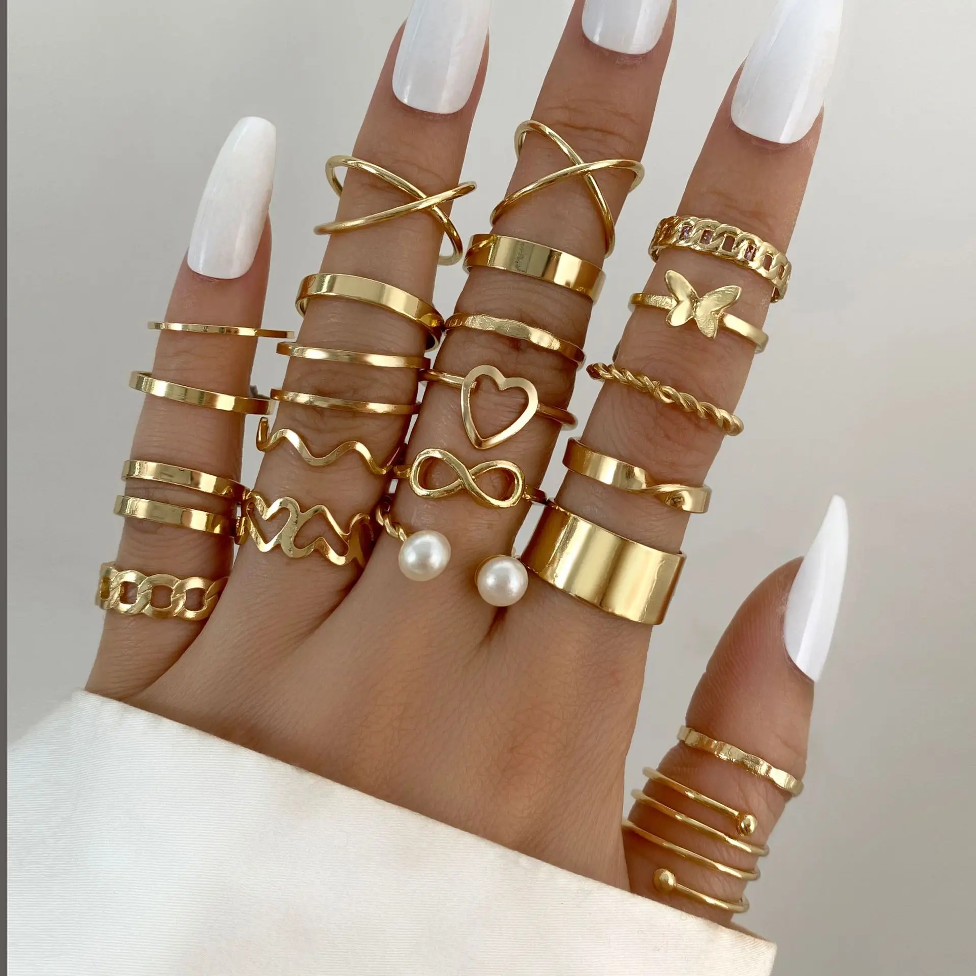 

22pcs/set Boho Personality Butterfly Wave Rings Set for Women Fashion Metal Gold Color Irregular Pearl Rings Party Gift Jewelry