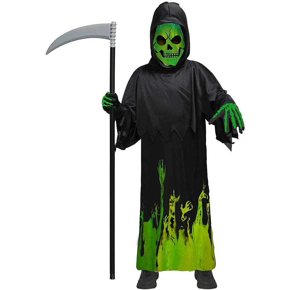 

Halloween Costume for Kids Glow Grim Reaper Boys Girls Cosplay Scary Black White Gown Glove Sickle Animation Clothes Suits