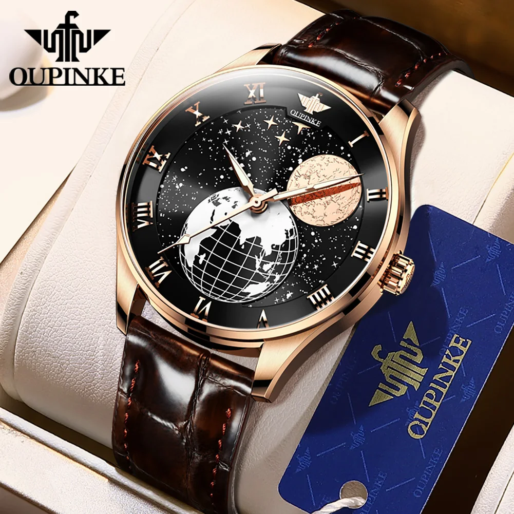 

OUPINKE Luxury Men's Automatic Mechanical Watch Star Moon Phase Sapphire Waterproof Luminous Leather Business Men Wirstwatches