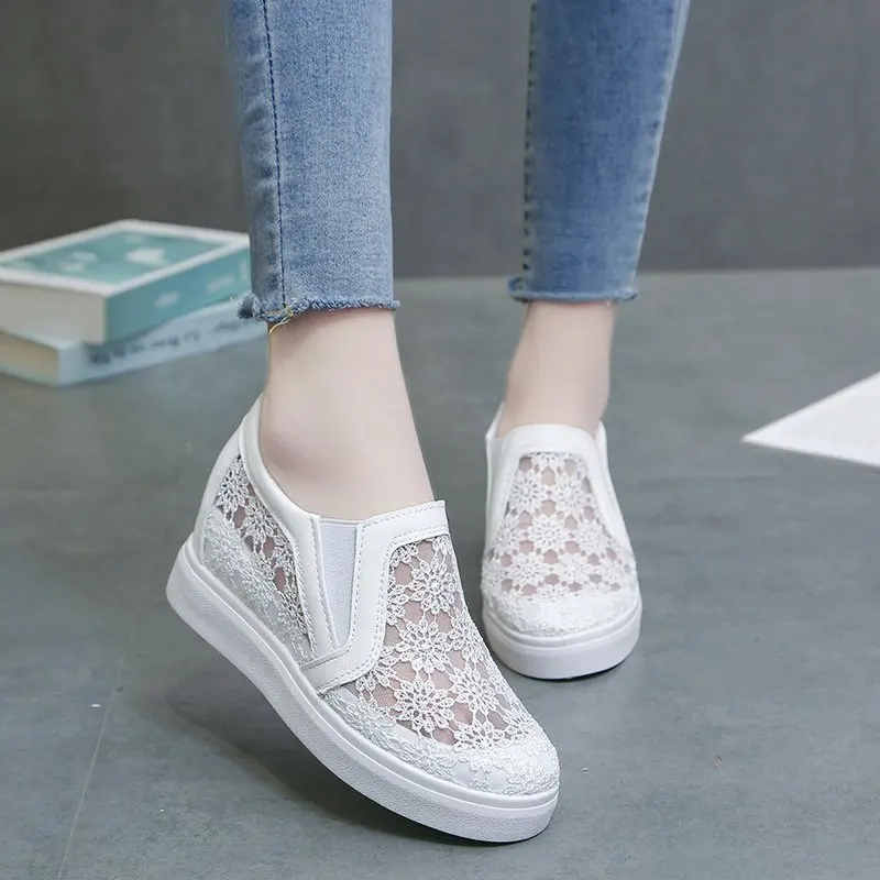 

Lace Women Shoes 2021 Spring Summer Wedges Shoes for Women Black White Breathable Lace Flower Sneakers Women Loafers White