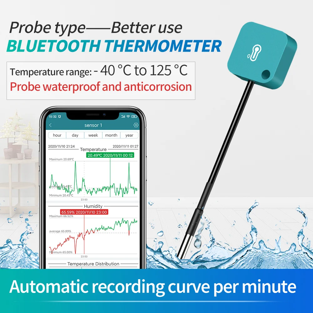 Bluetooth датчик температуры и влажности с зондом, измеритель, контроллер, термометр, гигрометр, удаленный будильник