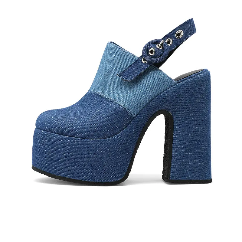 

Женские туфли-лодочки в западном и Европейском стиле, летние синие джинсовые босоножки в стиле пэчворк с закрытым носком и платформой на толстом высоком каблуке, женские сандалии с ремешком на пятке