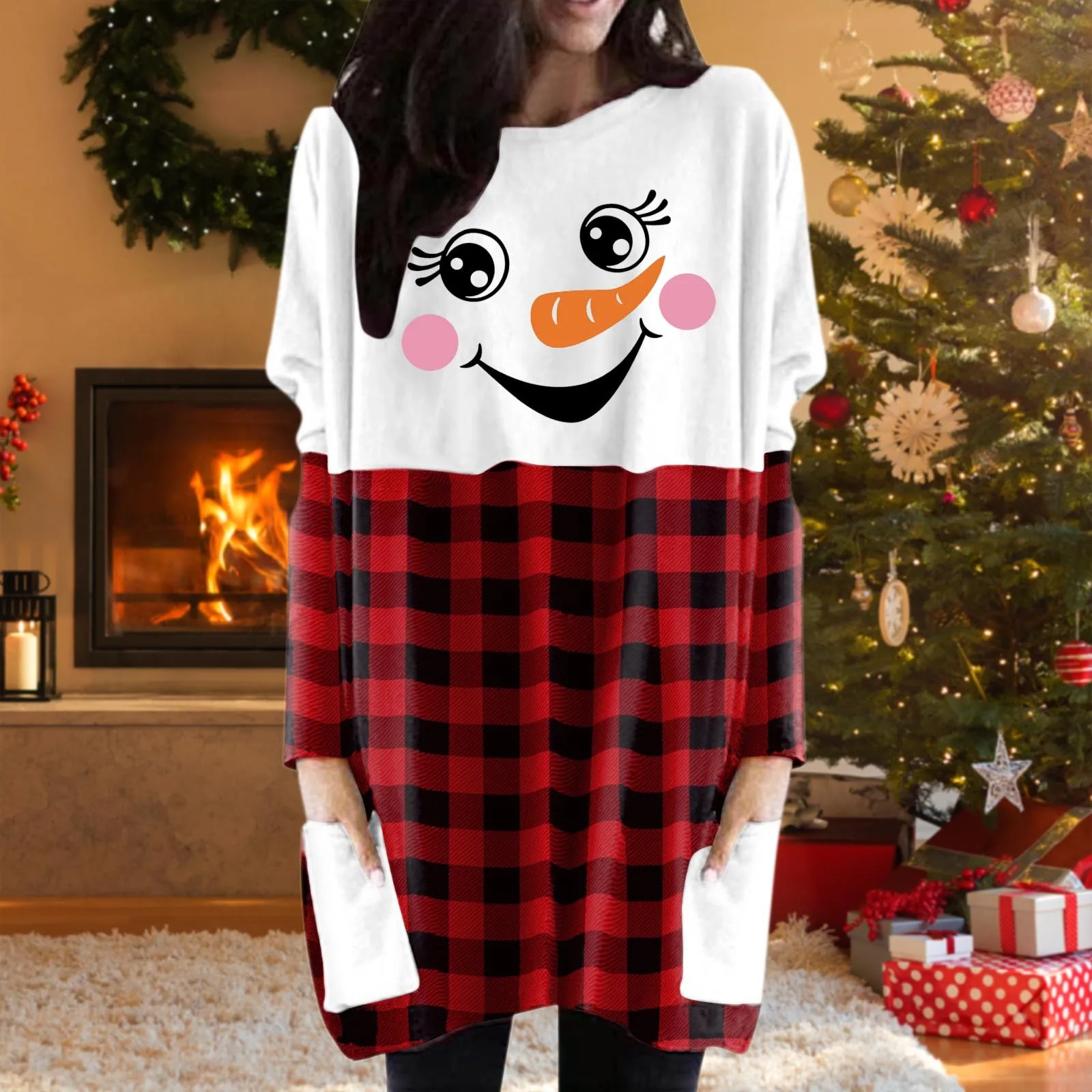 

Женская Рубашка-Платье, рождественские Топы с длинным рукавом, пуловер с принтом Санты, свободная блузка с флисовой подкладкой, женские кос...