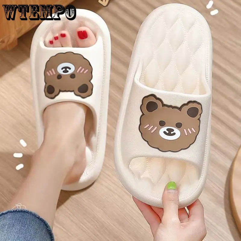 WTEMPO Solid Bear Slippers Cartoon Graffiti Shoes Women Summer Flip-Flops Beach Sandals Thick Platform Soft Casual Home Slippers