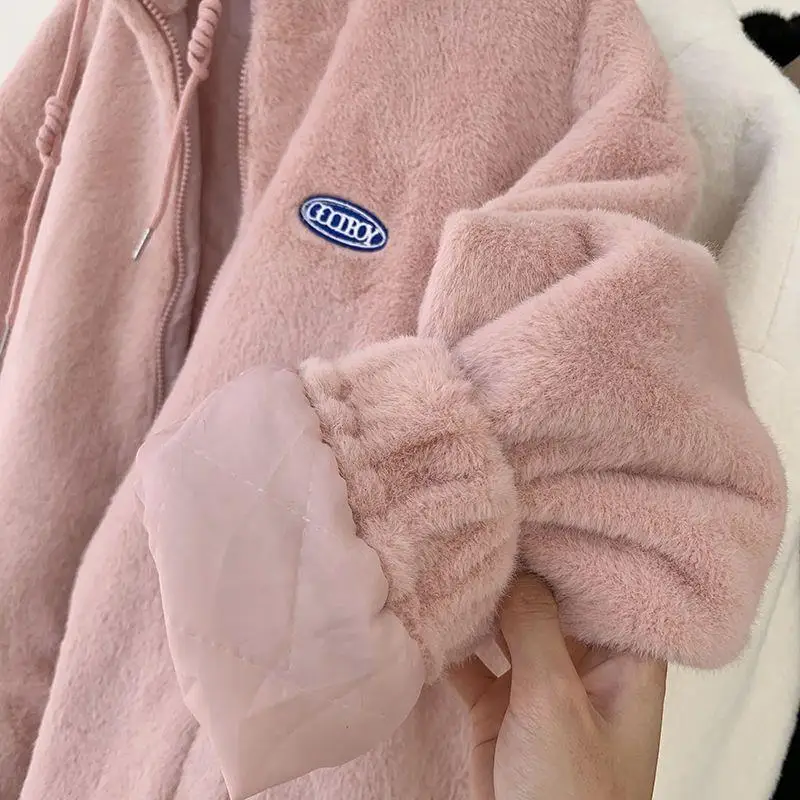 BHWYFC Autumn Winter Lamb Faux Fur Women's Coat Warm Cotton Jacket Zipper Pocket Loose Solid Color Fleece Women Jacket