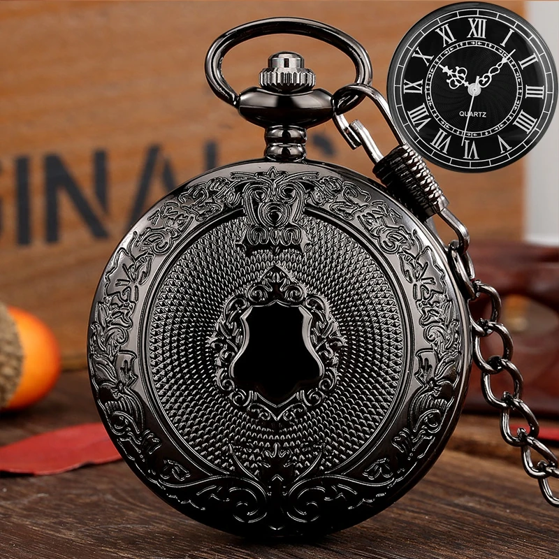 

Black Handcrafted Carved Shield Design Gentleman's Waistcoat Quartz Pocket Watch Steampunk Clock for Men with Waist Hook Chain