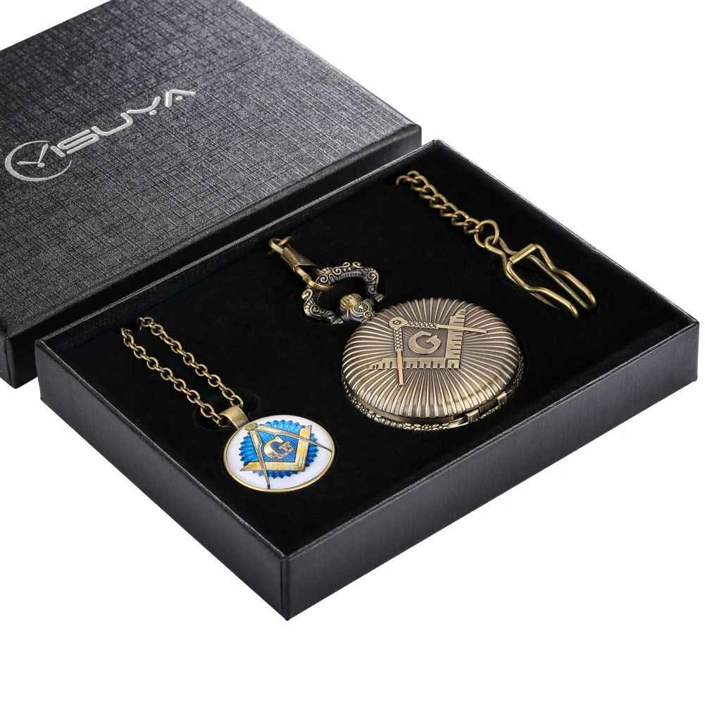 2022 Freemasonry Chrome Square and Compass Quartz Pocket Watches Masonic Themed Waist Chain Pendant Watch Gifts Sets Box for Men