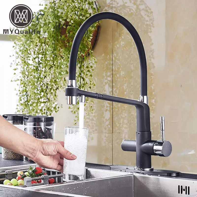 

Matte Black Kitchen Sink Faucet Pure Water Filter Drink Mixer Tap Dual Handles Two Spout Bathroom Kitchen Tap Hot Cold Crane