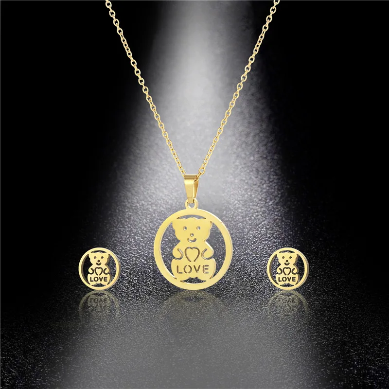 

100set/lot Stainless Steel Gold Color Bear Pendant Chain Necklace Stud Earring for Women Party Birthday Fashion Jewelry Set Gift