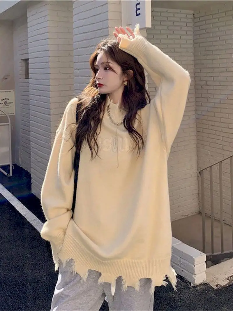 

2022 New Women Spring Autumn Letter Embroidery Sweater Oversize Ripped Sweater Pullovers Women's Half Turtleneck Knitted Y2k Top