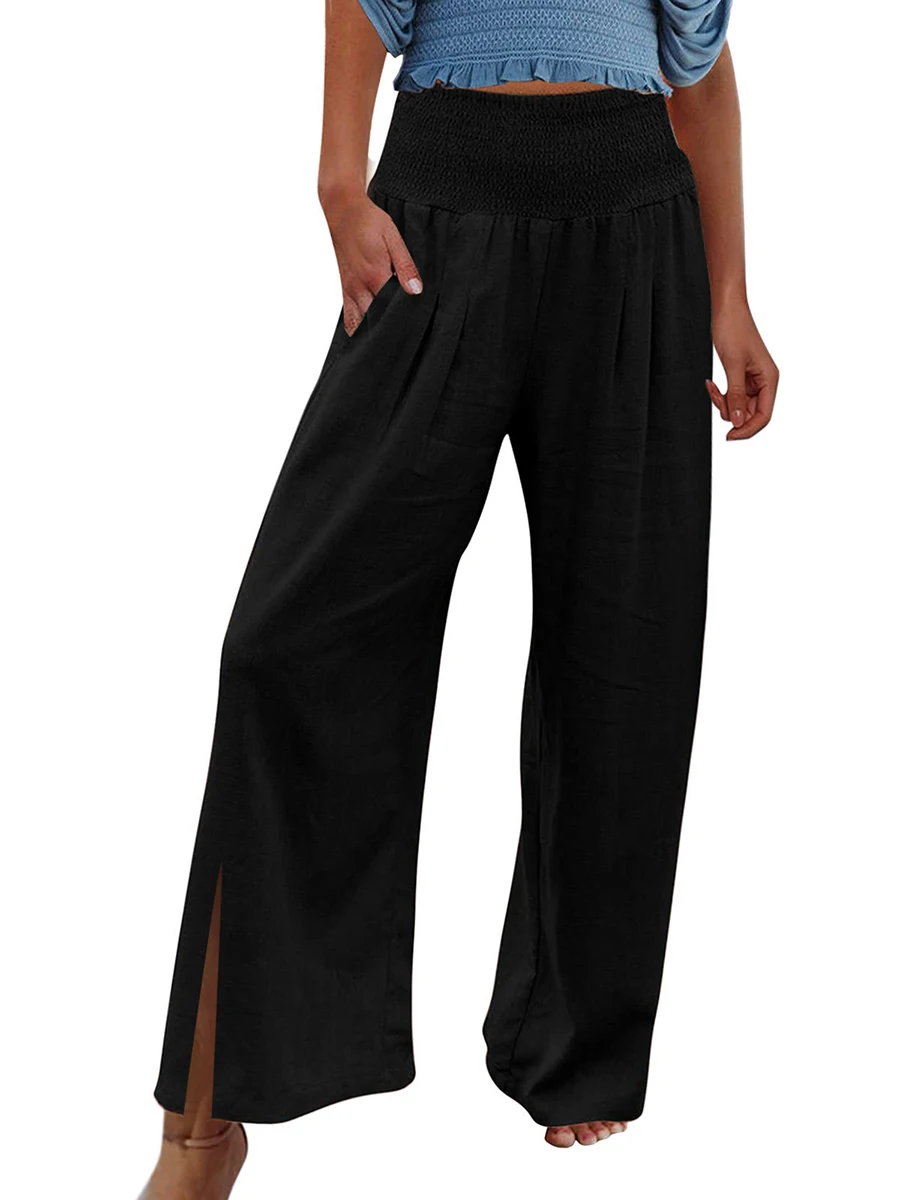 Women Wide-Leg Pants Solid Color Elastic High Waist Slit Loose Trousers Summer Casual Sweatpants Straight Bottoms