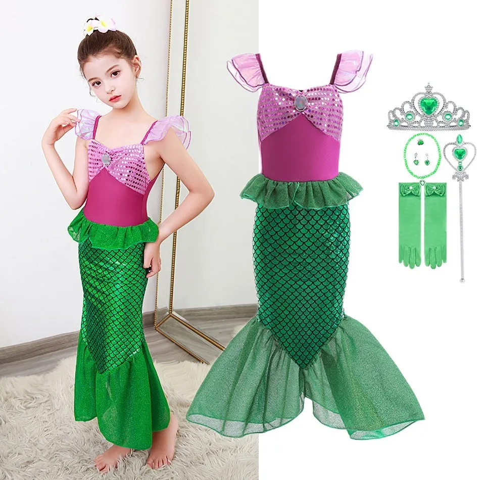 

Disney Little Mermaid Costume Children Birthday Party Dress Kid Halloween Carvinal Cosplay Ariel Dress Baby Short Sleeve Vestido