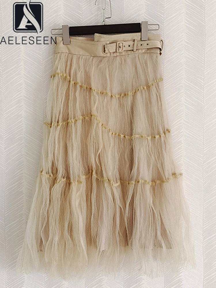 

AELESEEN Fashion Designer 2022 Summer All Match Skirt Women Light Khaki Black High Quality Ladies Mesh Ruffles Casual Skirt