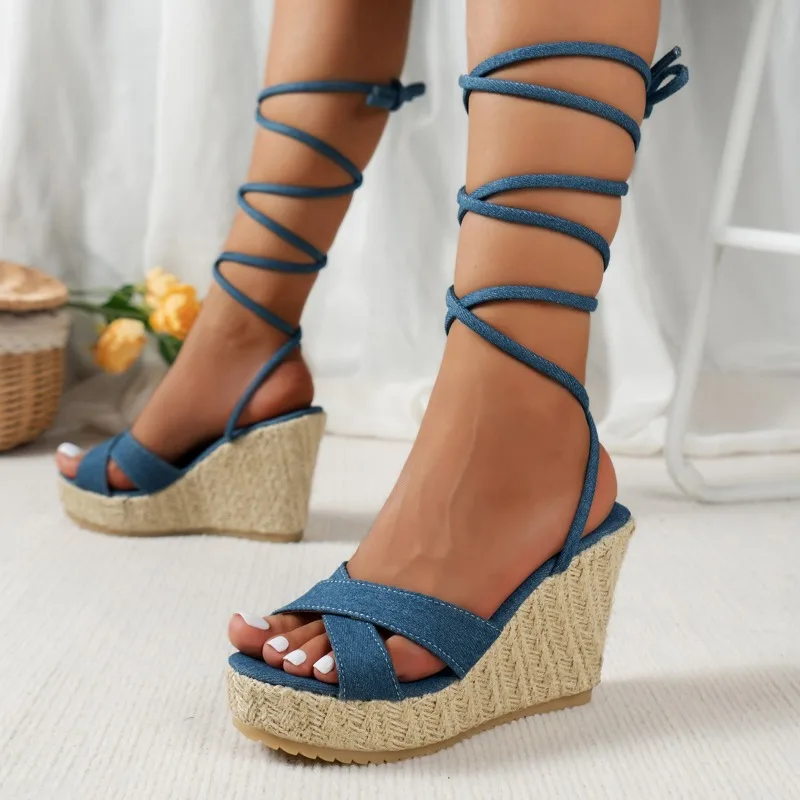 

2013 New Wedge Sandals Women's Summer Fashion Blue Denim Broad Band Crossover Linen Soled High Heels Shoe Lacing Strap Sandal