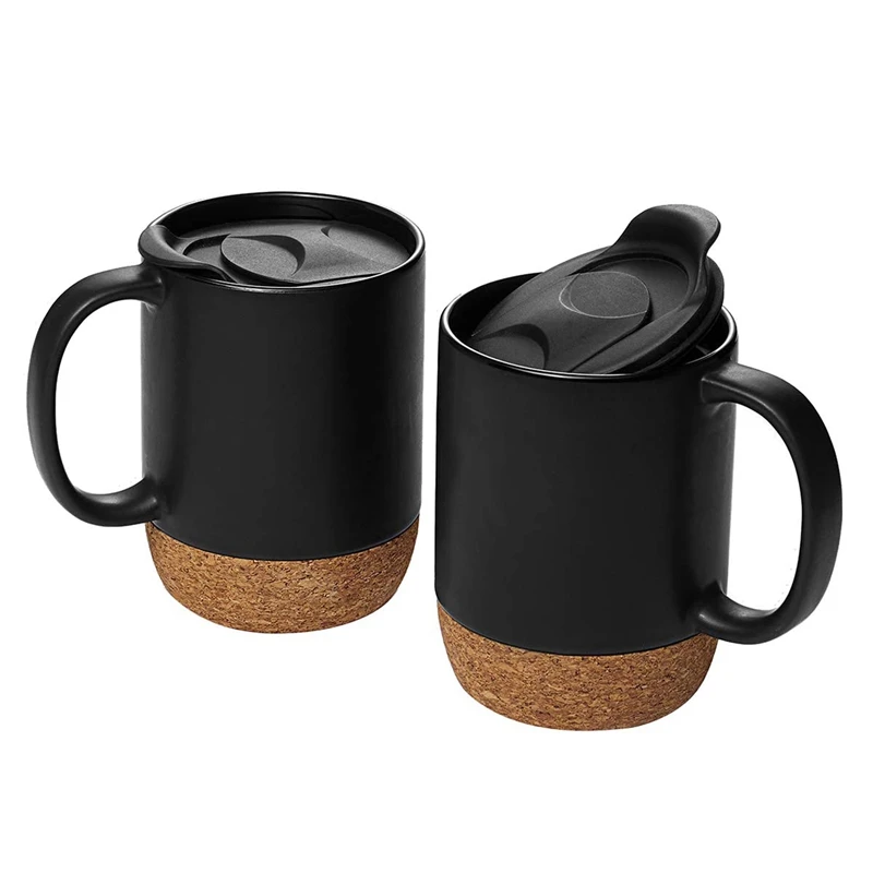 

2-Piece Coffee Cup Set, Ceramic Mug With Insulated Cork Bottom And Splash Cover, Large Coffee Cup With Handle