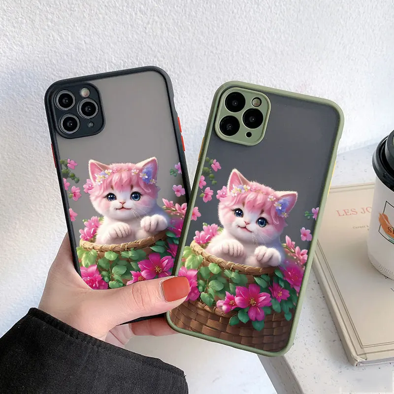 

Lovely Cats Baby Pink Phone Case For Iphone 11 12 13 14 Pro Max 7 8 Plus SE 2020 XR X XS 14 Plus Cover Fundas Protection Coque