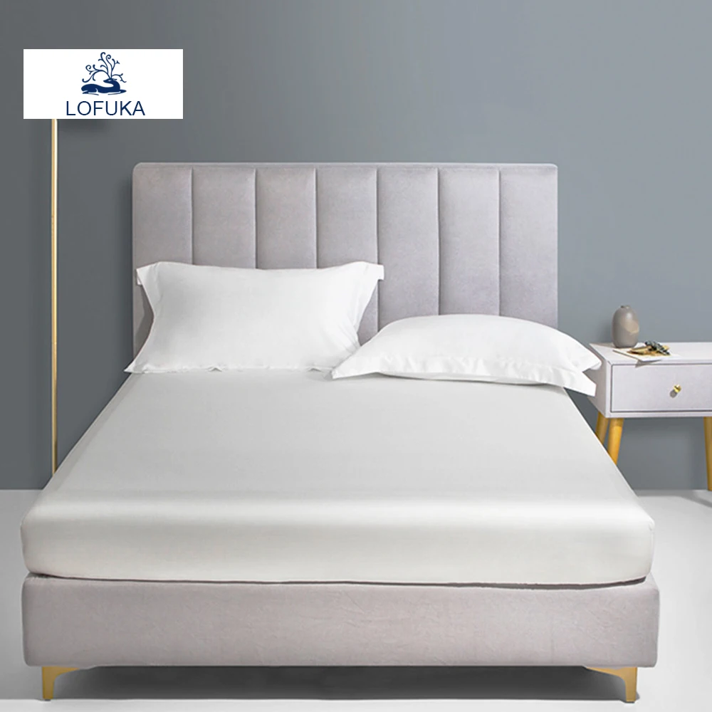

Lofuka Luxury White 100% Silk Fitted Sheet Double Queen King Flat Sheet With Elastic Band Mattress Cover Pillowcase Home Textile