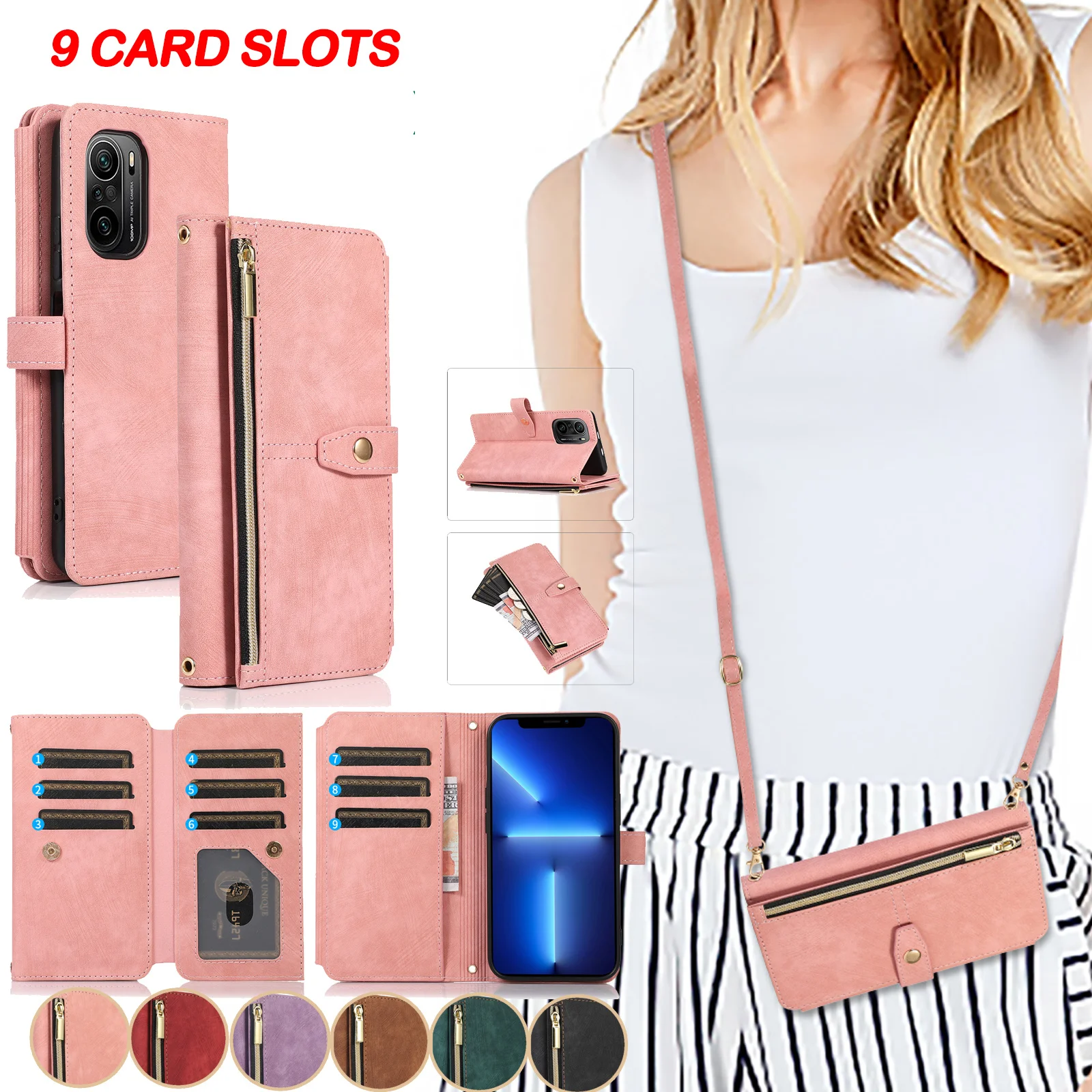 

Crossbody Zipper Wallet Phone Case for Xiaomi Redmi Note 11 10 Pro Max 11S 10S Mi 11T Pro Card Holder Lanyard Leather Cover