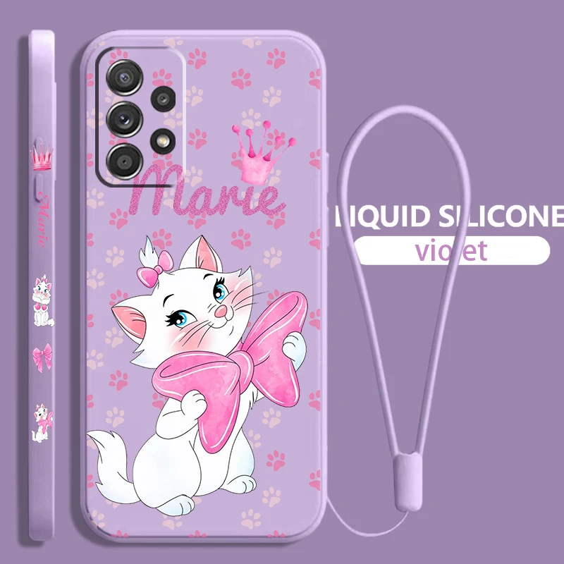 

Cartoon Marie Cat For Samsung Galaxy A73 A54 A34 A53 A33 A52 A32 A22 A71 A51 A21S 4G 5G Liquid Left Rope Phone Case Coque Capa