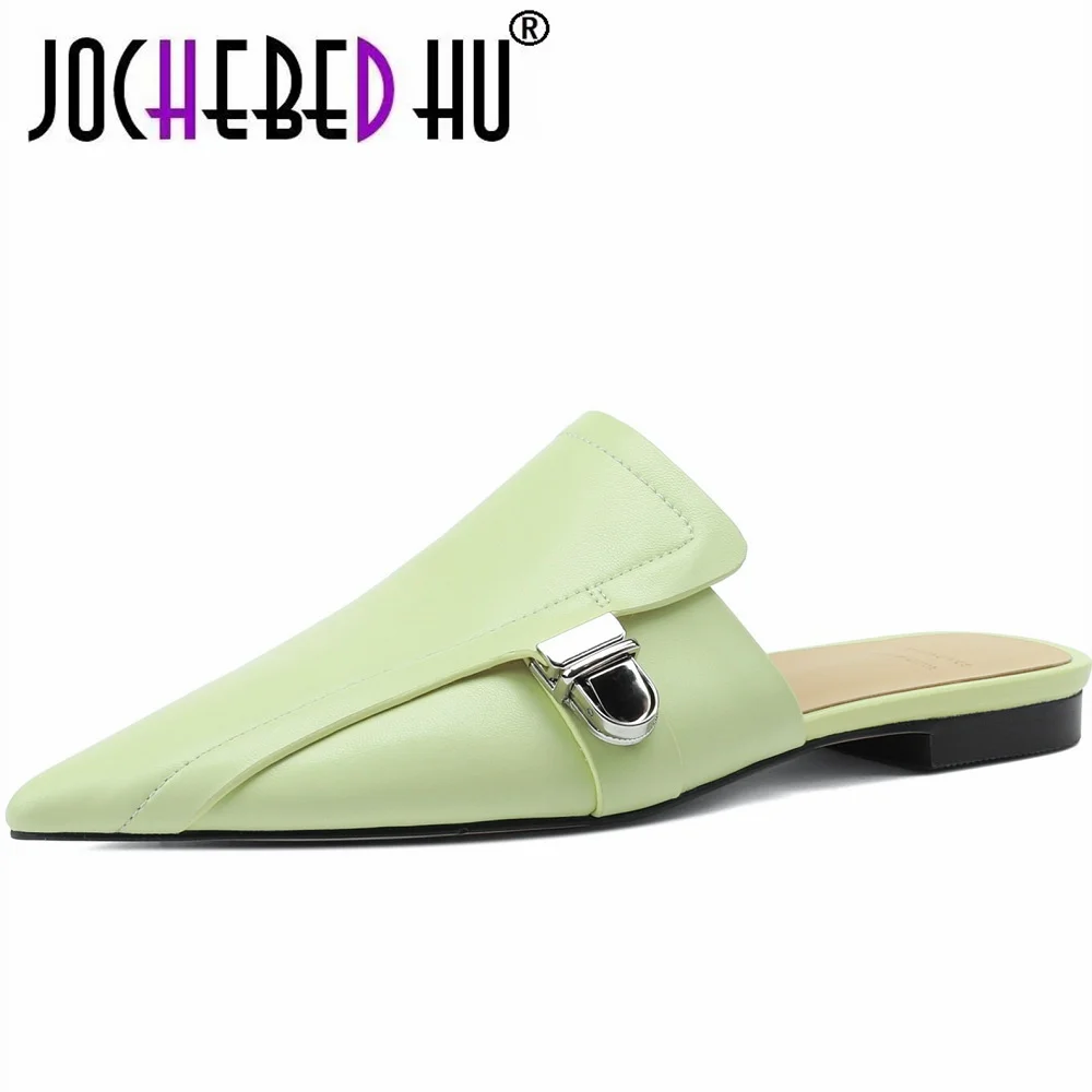 

【JOCHEBED HU】Casual Mules Women Sandals Tip Toe Low Heels Slippers Spring Summer Fashion Hollow Genuine Leather Shoes