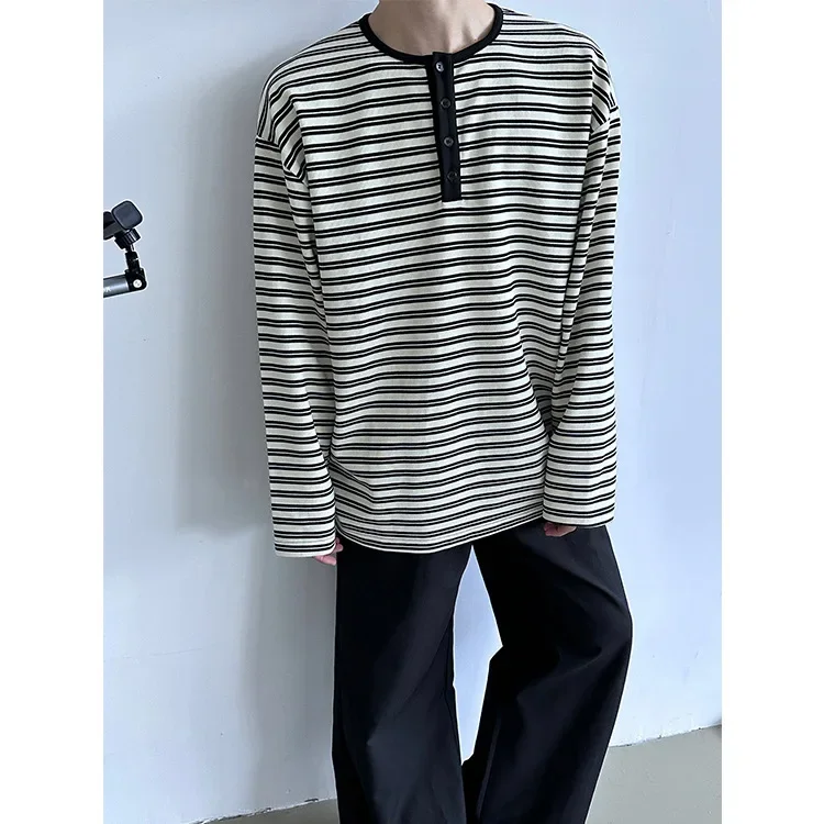 Осень 2024 винтажная футболка свободного кроя с воротником на пуговицах полосатая