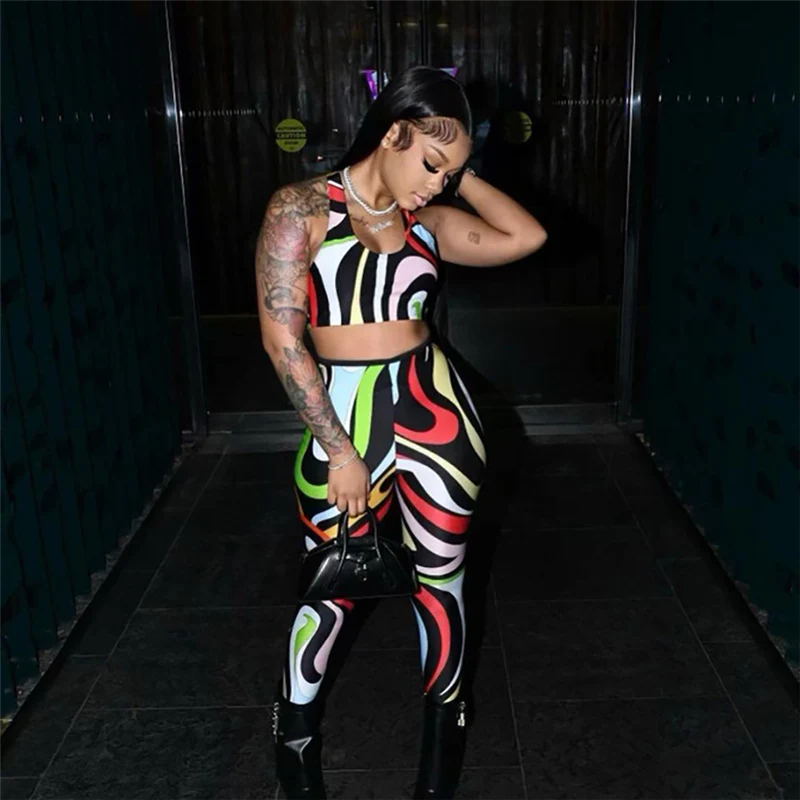 

Two Piece Set Women Striped Print Hipster Spaghetti Strap Bare Midriff Top+High Waist Slim Pant Female Colorful Streetwear