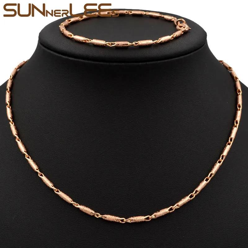 

SUNNERLEES модные ювелирные изделия из розового золота ожерелье браслет набор классический дизайн матовый 2 мм звено цепи мужчины женщины подар...