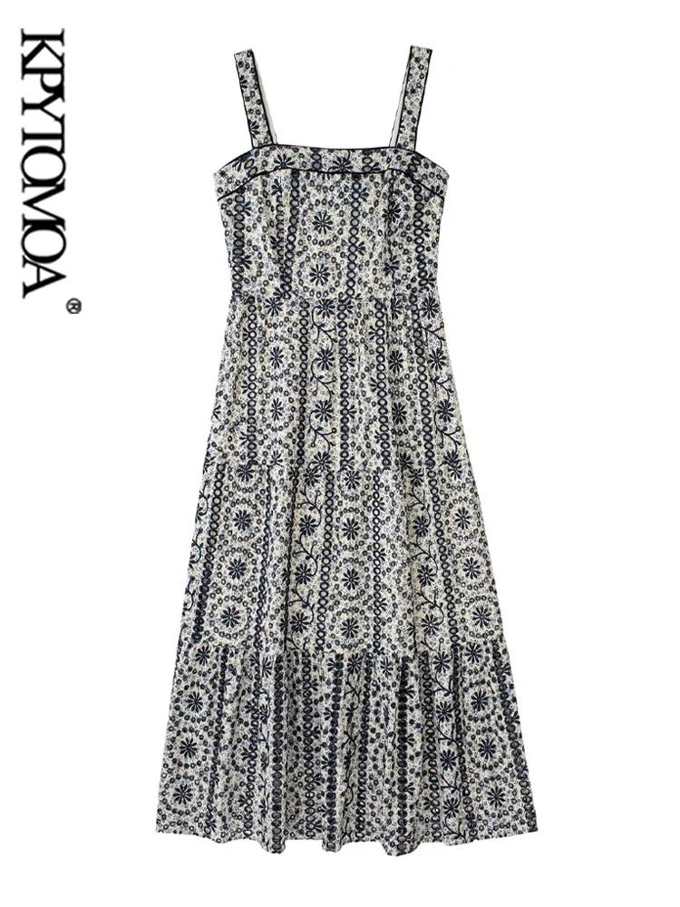 

KPYTOMOA Women Fashion With Cutwork Embroidery Ruffled Midi Dress Vintage Backless Elastic Straps Female Dresses Vestidos Mujer