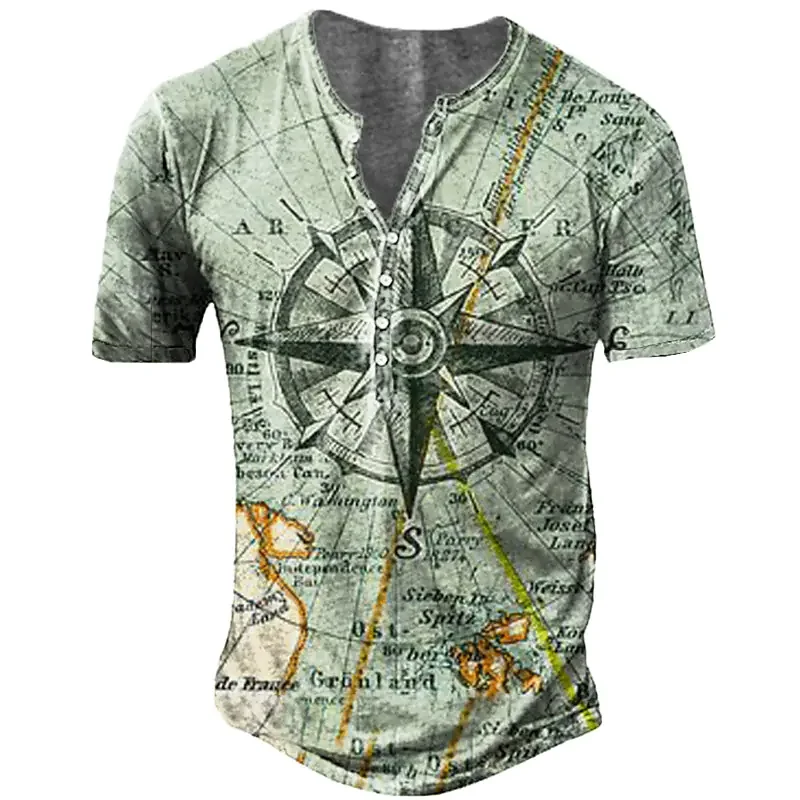 

Summer Men's T-shirt Imitation Cotton Seven-button T-shirt for Men New Compass Print Short-sleeved Top V-neck Oversized Men Tee