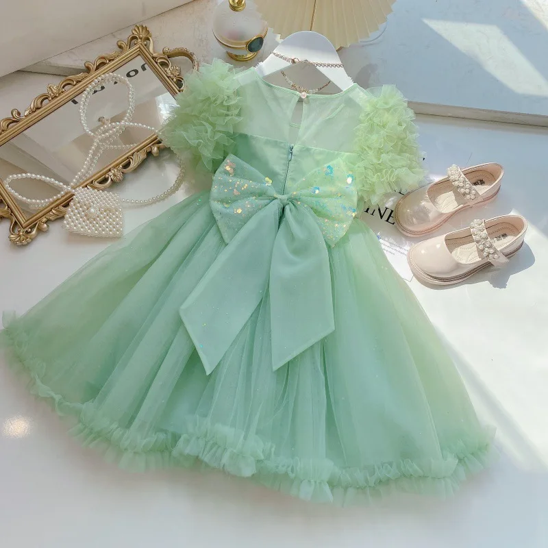 

Детское платье принцессы с круглым вырезом, блестками и рукавами-фонариками, платье для маленьких девочек на свадьбу, день рождения, детская одежда