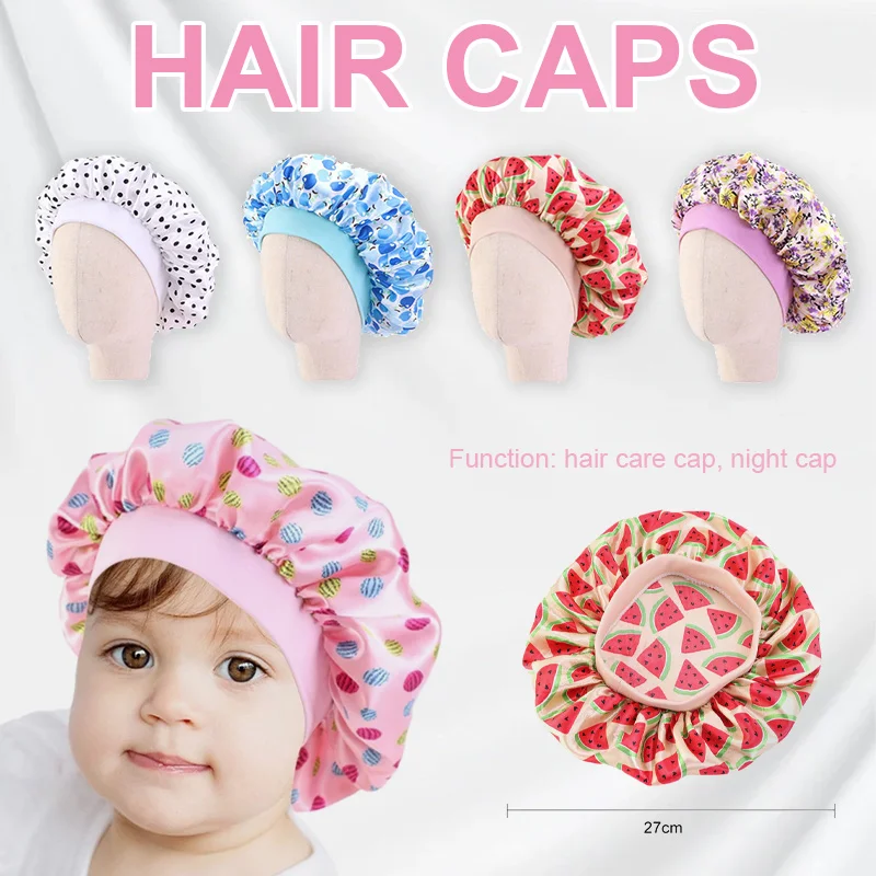 Cute Pattern Bonnet Night Sleep Hair Cap for Children Kids Satin Wide-brimmed Elastic Turban Hat Girl Boy Hair Care Accessories