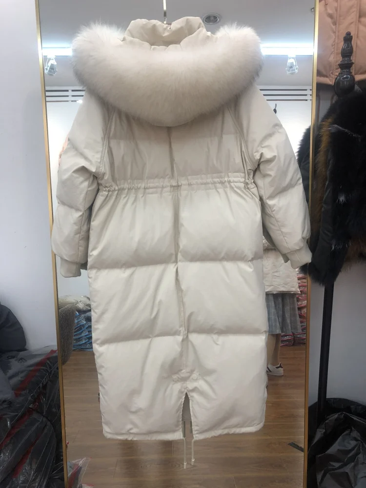 2023 Luxury Large Fox Fur Hoodie Down Coat for Women Windbreaker Maxi Long Parkas Female Thick Warm Cloth Jacket Black Pink