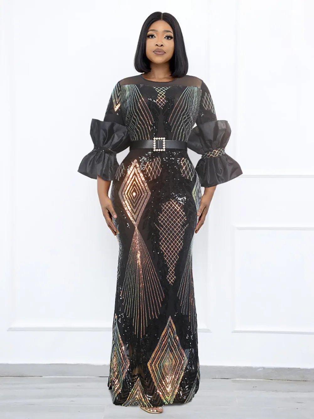 Women Elegant African Dresses Sequin Crew Neck Flare Sleeve Party Gown Plus Size Africaine Mermaid Luxury Evening Maxi Dresses