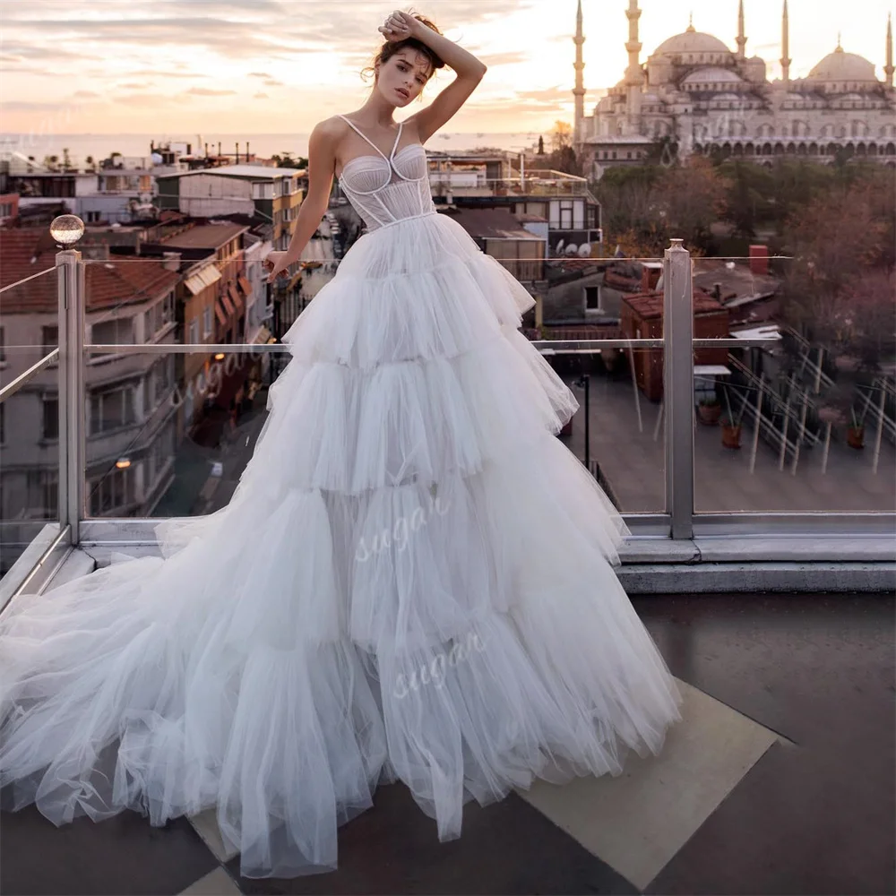 

Modern Simple Wedding Dresses Sweetheart Bridal Gowns Court Train Bride Robe Charming Tulle Spaghetti Straps Vestidos De Noiva