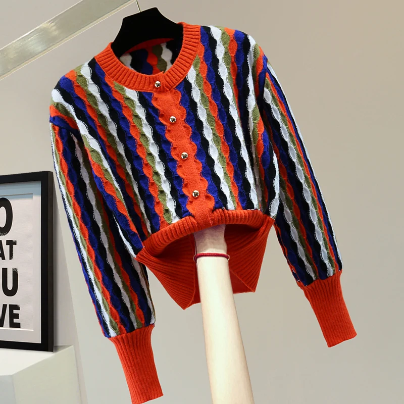 

Colorful Striped Knit Cardigan Jacket 2022 Autumn Winter Sweater for Women Long Sleeve Vintage Knitwear Shirt Lady Sweaters Top
