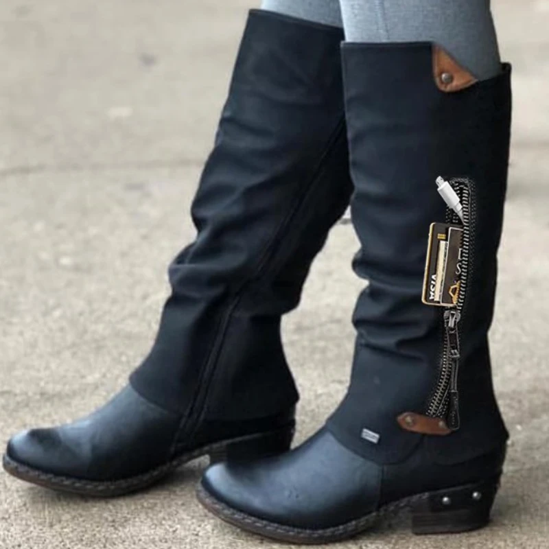 

Women's Knight Boots Autumn Plus Size Chunky Heel Outdoor Western Boots Side Zipper Hiking Leather Boots Botas De Mujer Largas