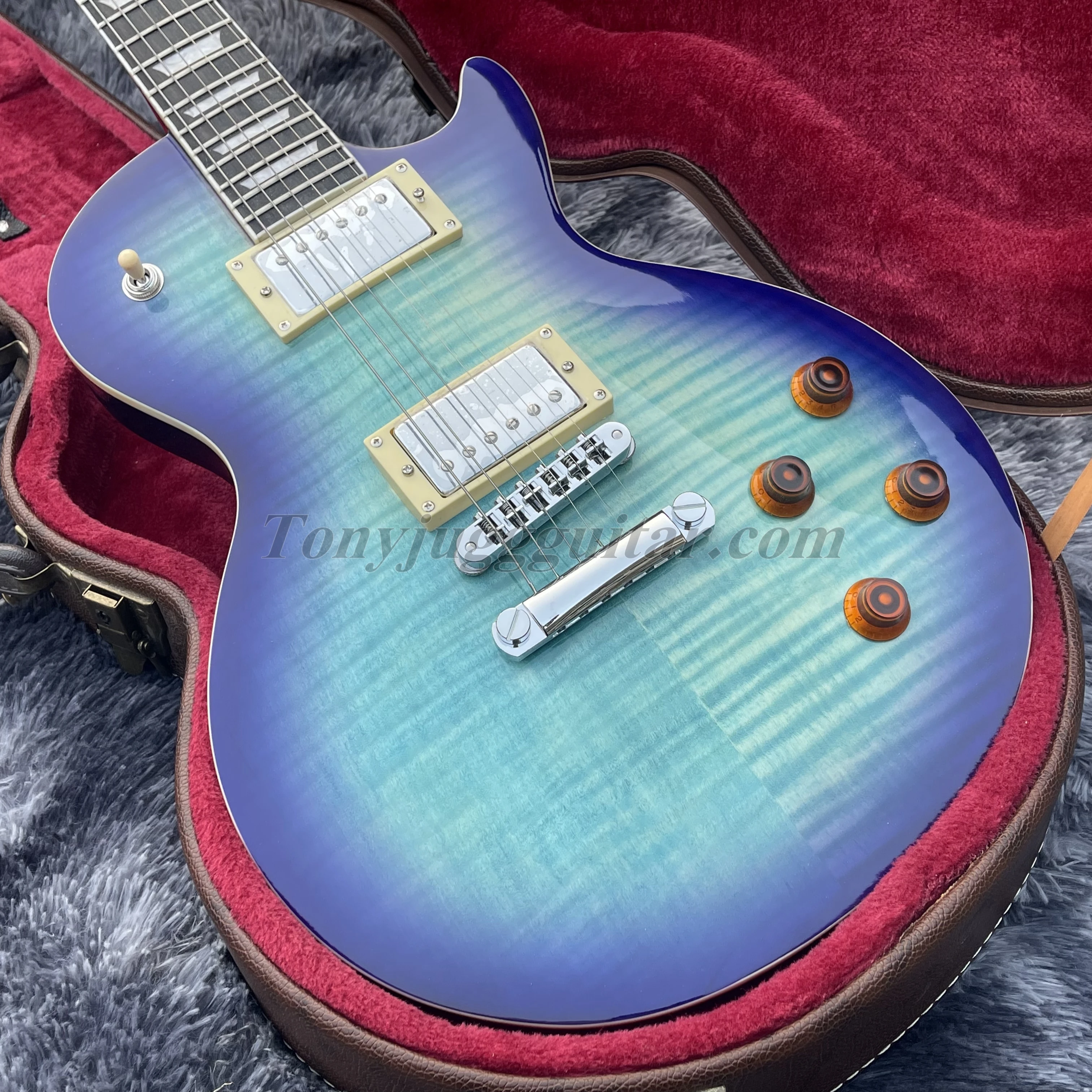 

Custom Flame Maple Top Purple Blue Electric Guitar Grover Tuners, Chrome Hardware, Chibson OEM Guitars