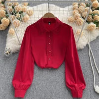 turn down collar artificial silk blouses women work wear chiffon shirts femme blusas red ruched ruffle office ladies satin tops