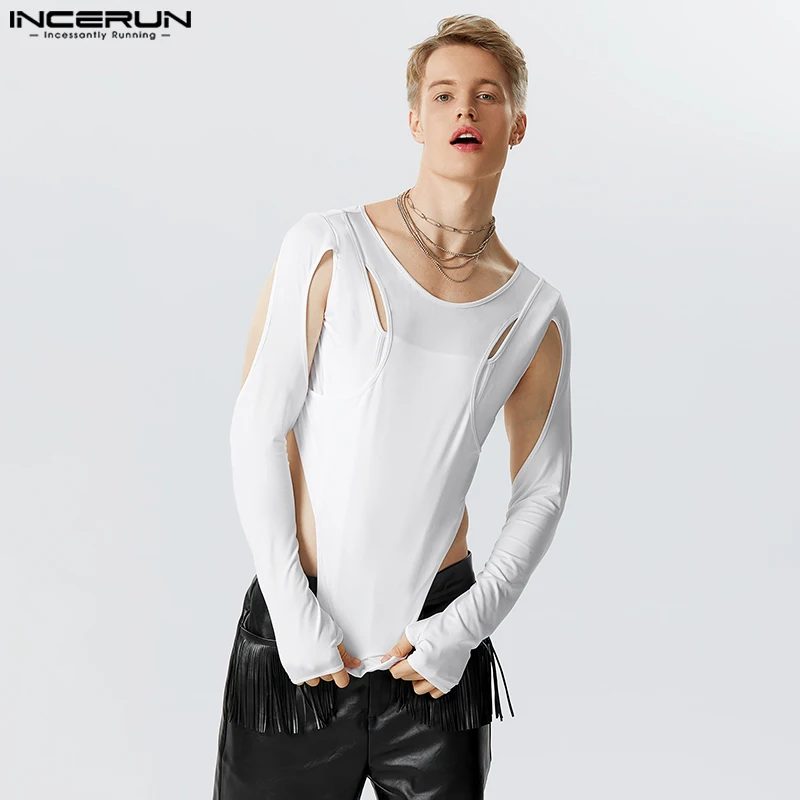 

Party Nightclubs Style Tops INCERUN New Men Fashion Hollowed Thimble T-shirts Casual Sexy Solid Long Sleeved Camiseta S-5XL 2023