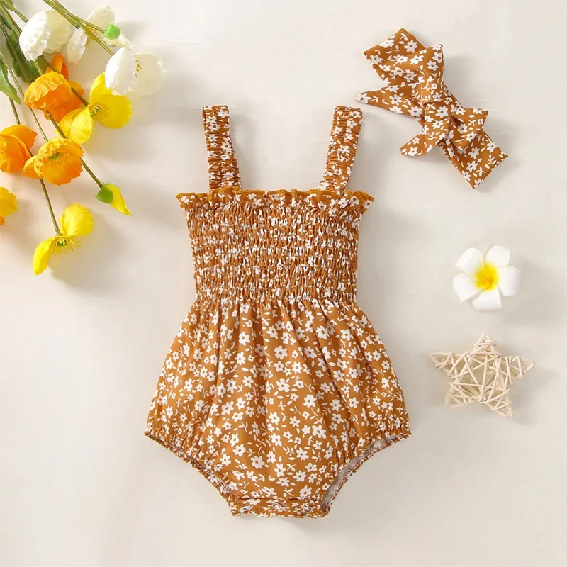 

New Summer Baby Girls Outfits Romper Princess Sweety Flower Tie-up Sleeveless Patchwork Bodysuit+Bowknot Headband Clothes