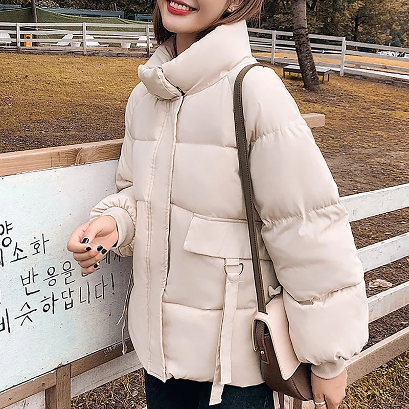 Women Winter Stand Collar Cotton Coats Pocket Zipper Button Overcoat Warm Thick Bread Jacket Solid Color Long-Sleeve Outerwear
