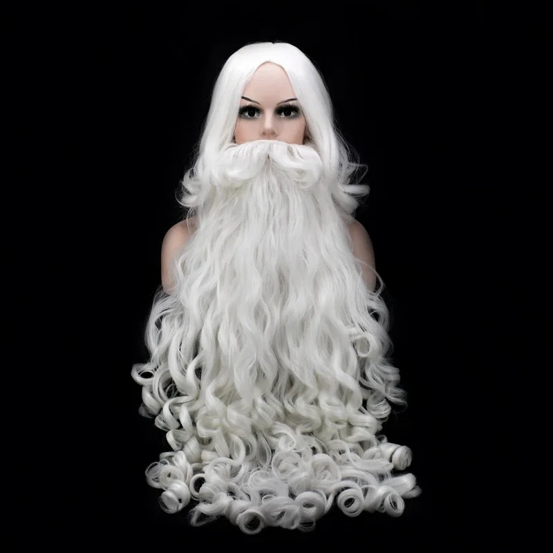 

Рождественский парик для бороды Санта-Клауса, 60/80 см, белые вьющиеся Длинные Синтетические волосы, для взрослых, косплей-костюм, рождественский подарок, ролевая игра