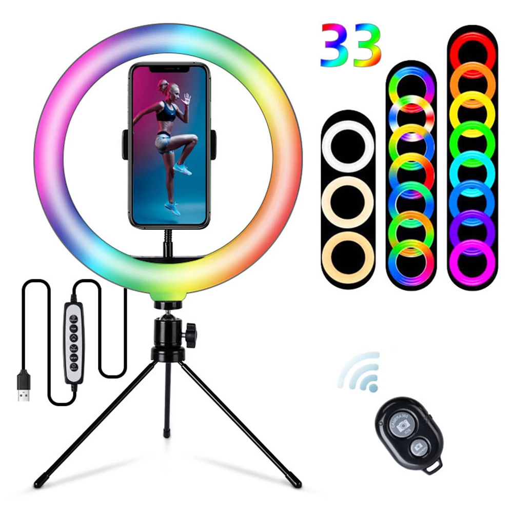 

10" RGB LED Selfie Ring Light Phone Stand Holder Photography Ringlight Remote Control Lamp For TikTok Youtube Makeup Video Vlog