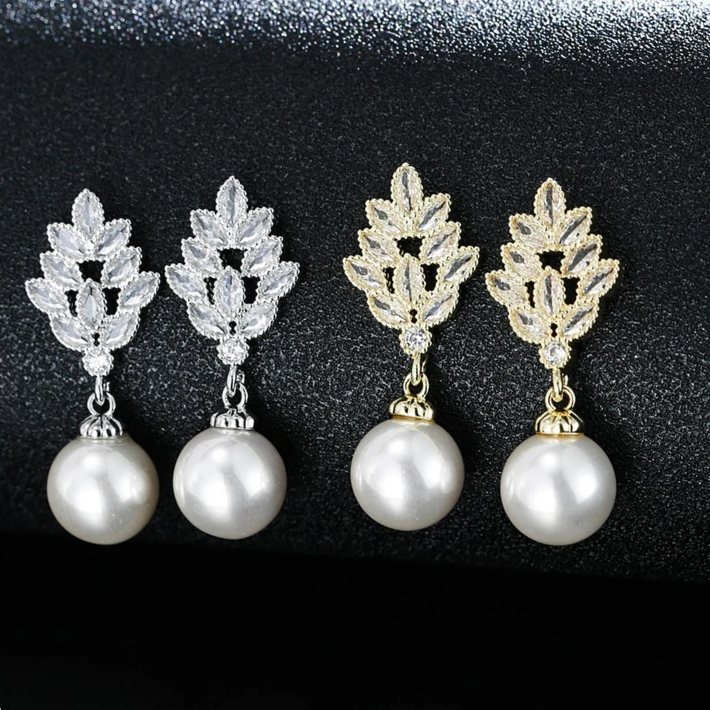 

AMC Luxury Symetrical Long Drop Earring Zircon Imitation Pearl Stud Earring Bridal Wedding Party Dinner Jewelry Gifts For Women
