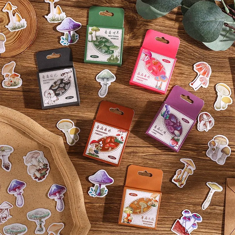 

40 Pcs Cute Boxed DIY Decoration Mini Size Paper Mushroom Stickers For Laptop Planners Scrapbooking Diary Notebooks Album