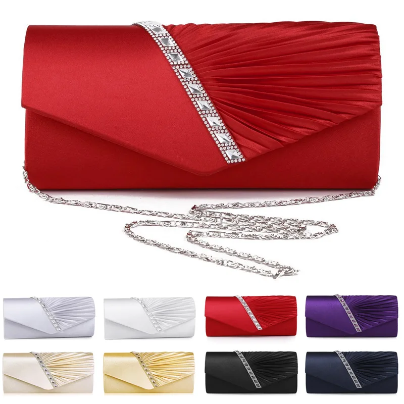 Folds Rhinestone Decor Chain Clutch Bags For Women 2021 Red Evening Party Clucth Envelope Bag Female Girl Luxury Shoulder Pouch images - 6