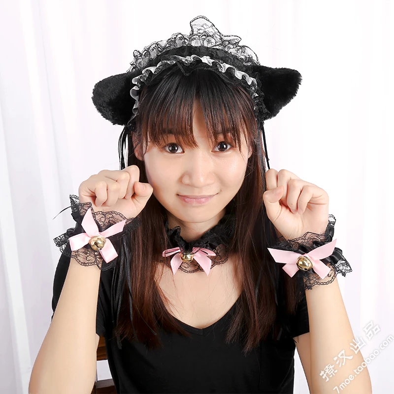 Повязка на голову женская с кошачьими ушками, милая принцесса в стиле «лолита», кружевной обруч для волос горничной, аксессуары для волос для девушек и женщин