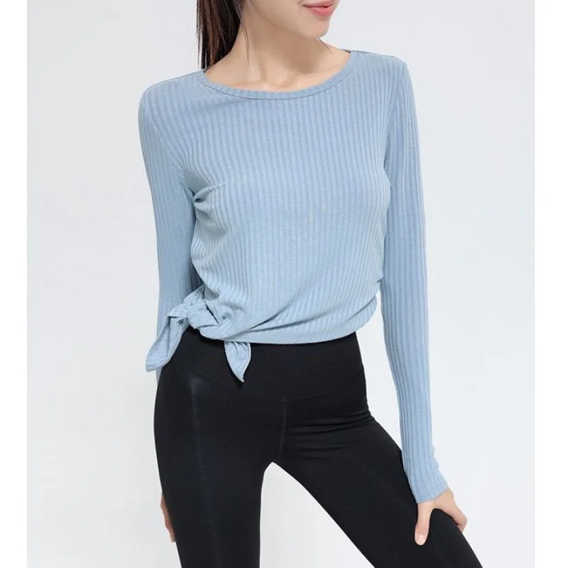 Women's Long-sleeved Ribbed Sports Top Quick Dry Fitness Yoga Irregular Shirts Slim Breathable Round Neck Gym Running Clothing