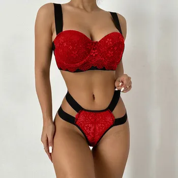 Women Lingerie Sheer Floral Lace Embroidery Push Up Bras G-string Lingerie Set Bra And Panty Two Piece Underwear Set Costumes 1